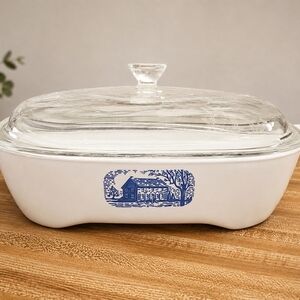 White Glass Casserole Dish with Blue Farmhouse Motif By AMANA